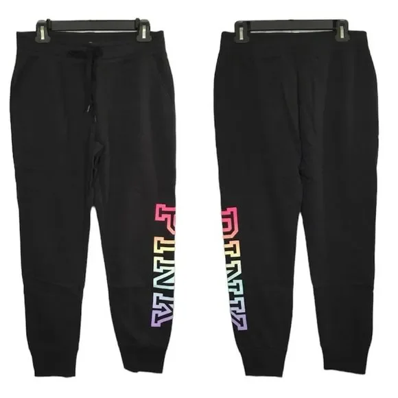 NWT VS PINK EVERYDAY LOUNGE SKINNY JOGGER SWEATPANTS BLACK/RAINBOW LOGO PRINT - Picture 2 of 14